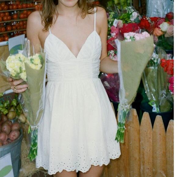 Zara Dresses & Skirts - Zara White Cotton Eyelet Embroidered V-Neck Mini Spaghetti Strap Dress Sz Medium